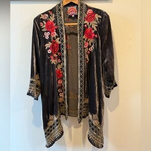 Johnny Was small velvet embroidered Kimono Taupe/gray